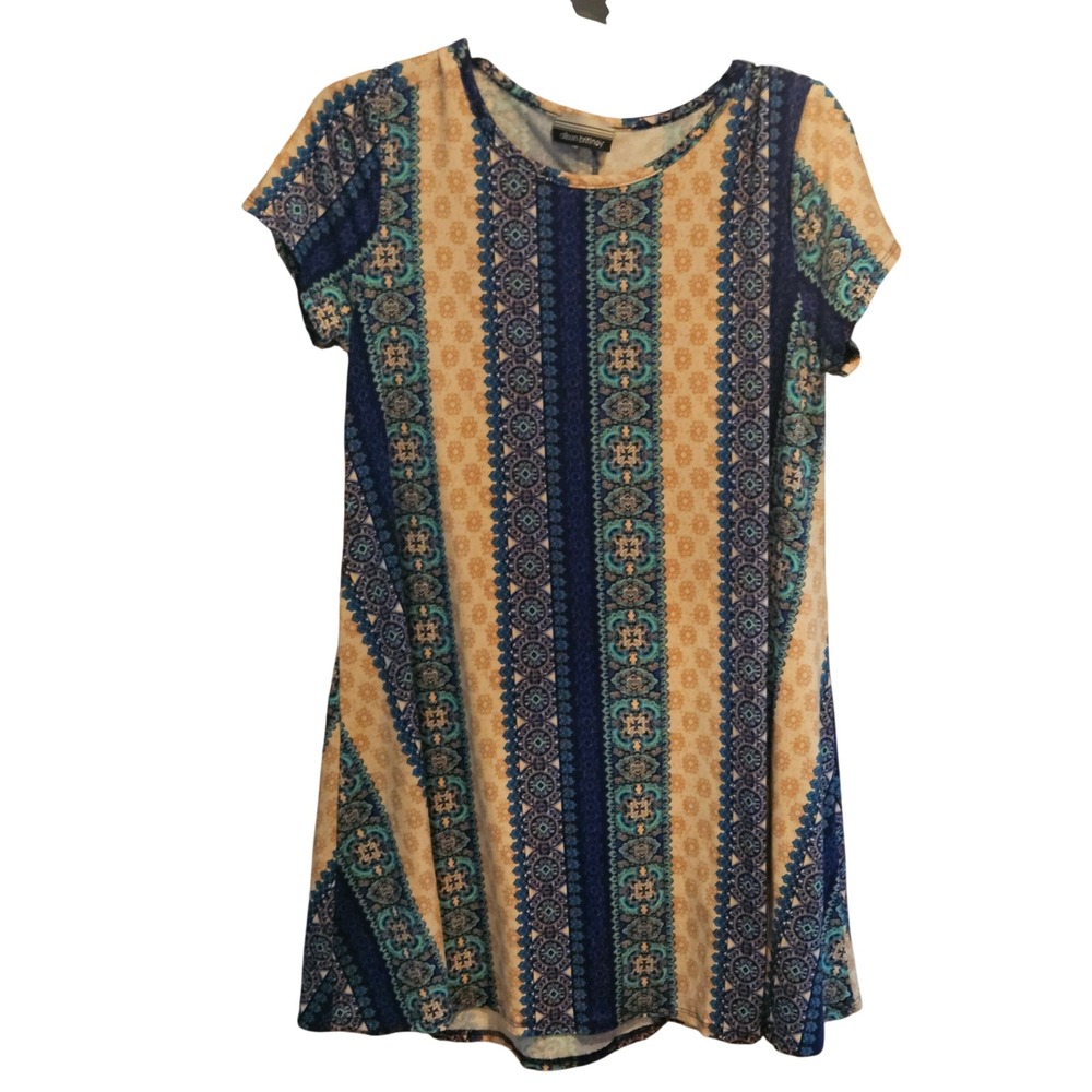 Allison Brittney Blue Tan Medallion Stripe Short Sleeve Tunic Dress Medium USA